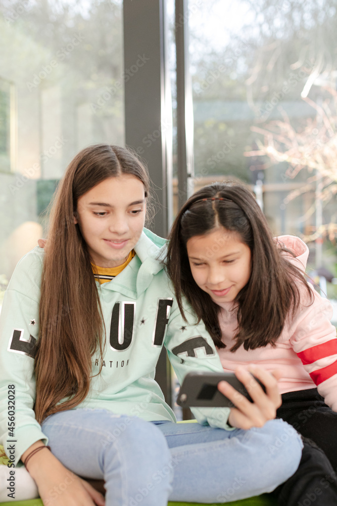 Playful sisters taking selfie with smart phone in living room Playful sisters taking selfie with smart phone in living room