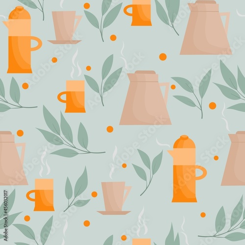 Vector seamless pattern with teapots and cups. Tea ceremony in the English style. Tea set in orange shades. 