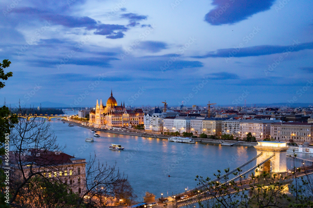 View of the Palament of Budapest in the evening. Danube view

