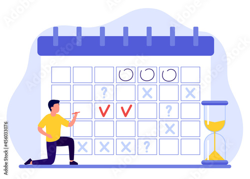 Man makes schedule, plan, fills calendar. Male have plans, marks dates, deadlines. Online planner. Vector illustration