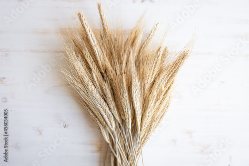 bundle of ears of wheat in middle on white wood table