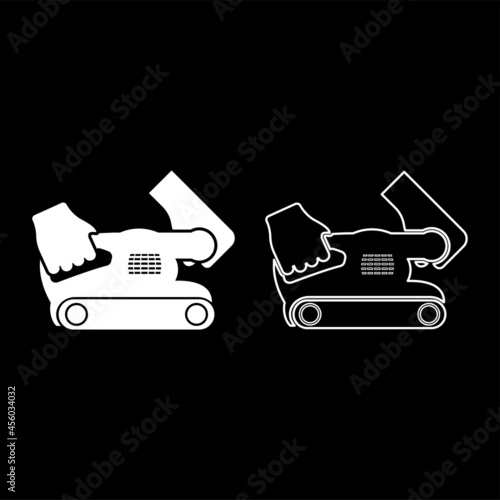 Belt sander in hand holding tool use Arm using circular sheet Electric orbital instrument icon white color vector illustration flat style image set