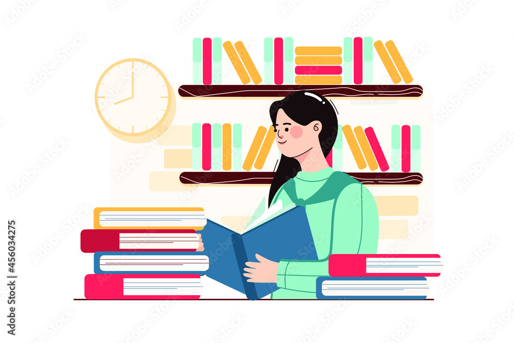 Girl reading book in a school library Illustration concept. Flat illustration isolated on white background.