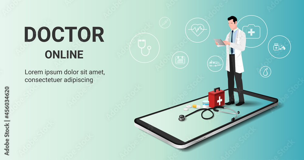 Online doctor consultation with male therapist on mobile phone. Online healthcare service, Medical consultation and treatment, Ask doctor. Digital health concept. 3D vector - obrazy, fototapety, plakaty 