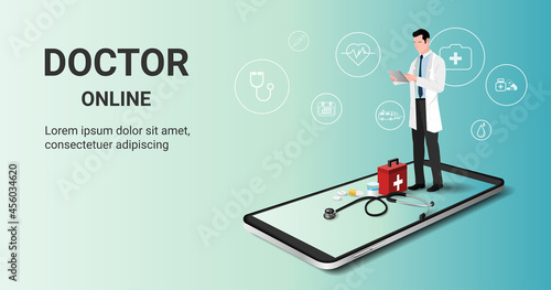 Online doctor consultation with male therapist on mobile phone. Online healthcare service, Medical consultation and treatment, Ask doctor. Digital health concept. 3D vector
