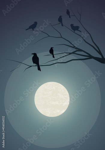 Silhouettes of crows on tree branches and the full moon in the background.