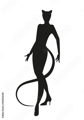 Elegant and sexy woman silhouette wearing retro style cat costume. Feline woman isolated on white background