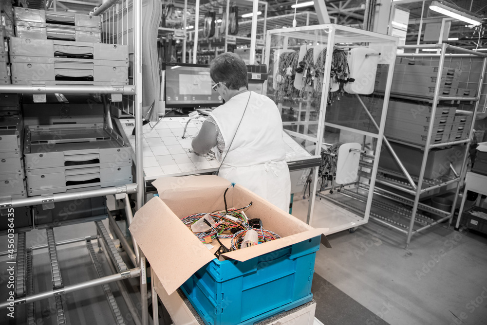 the worker tests for the definition of quality part of the wiring for cars at a modern plant in a production workshop