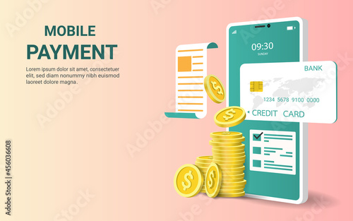 Online payment on mobile phone with credit card and Electronic bill, Financial transaction, Money transfers, Money online, business finance. Vector illustration. Concept mobile payments