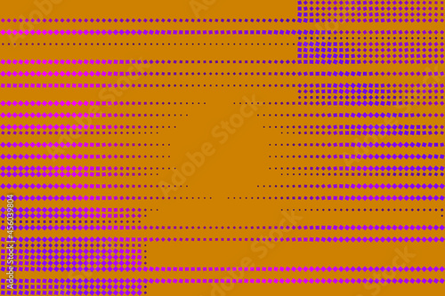 Illustration with simple purple geometric elements. Orange background with radial gradient.