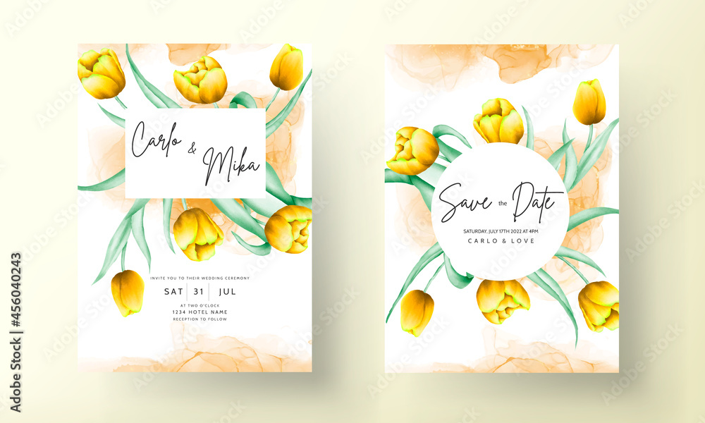 wedding invitation with beautiful yellow watercolor tulip flower