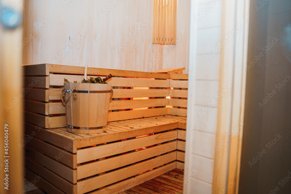 Interior details Finnish sauna Steam bath with traditional sauna accessories