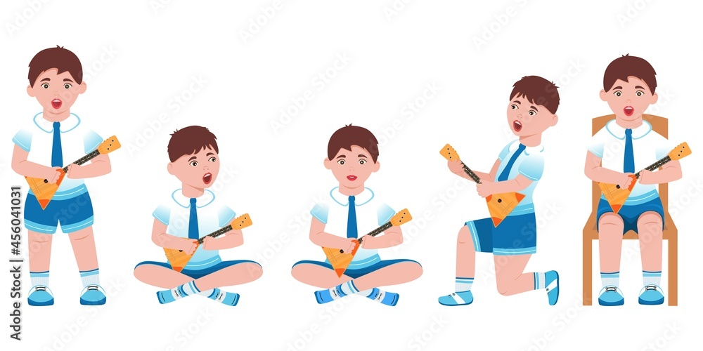 A collection of a boy in different poses with a balalaika. Flat illustration. Vector. Cartoon illustration. Can be used to create collages in web design. A collection of a boy in different poses with a balalaika. Flat illustration. Vector. Cartoon illustration. Can be used to create collages in web design.