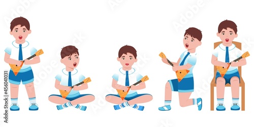 A collection of a boy in different poses with a balalaika. Flat illustration. Vector. Cartoon illustration. Can be used to create collages in web design.