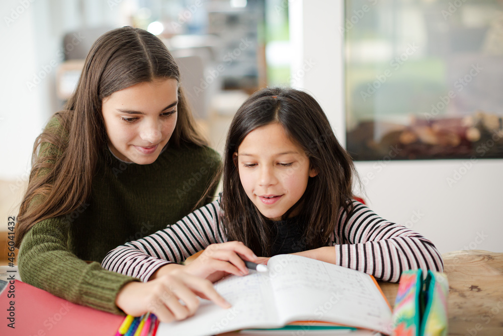 Girl helping young sister with homework Girl helping young sister with homework