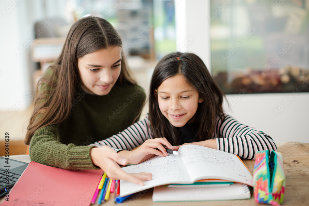 Girl helping young sister with homework Girl helping young sister with homework