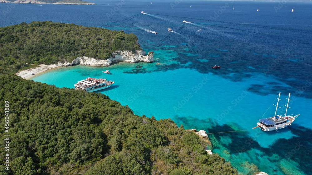 Aerial drone photo of beautiful azure exotic turquoise beach of Vrika in island of Antipaxos, Ionian, Greece