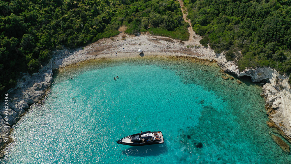 Aerial drone photo of beautiful azure exotic turquoise beach of Vrika in island of Antipaxos, Ionian, Greece