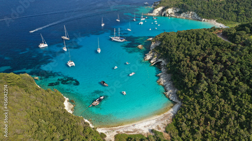 Aerial drone photo of beautiful azure exotic turquoise beach of Vrika in island of Antipaxos, Ionian, Greece