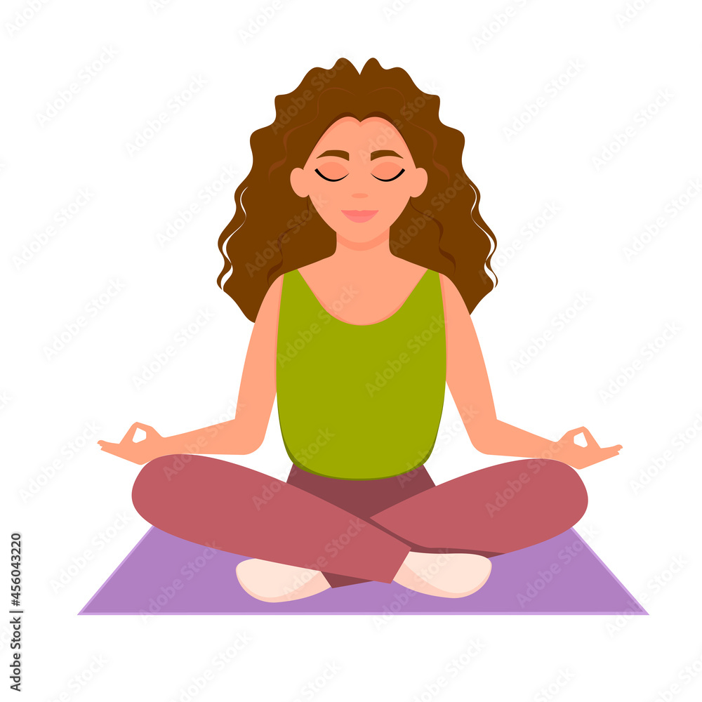 Girl doing yoga. Woman sitting in the lotus position. Vector illustration in flat style.