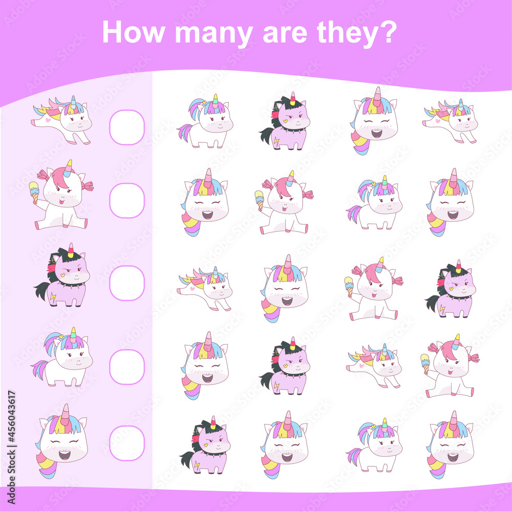Counting unicorn game for children. Cute unicorn math worksheet. Unicorn math game. Educational printable math worksheet. Preschool Education. Vector illustration.