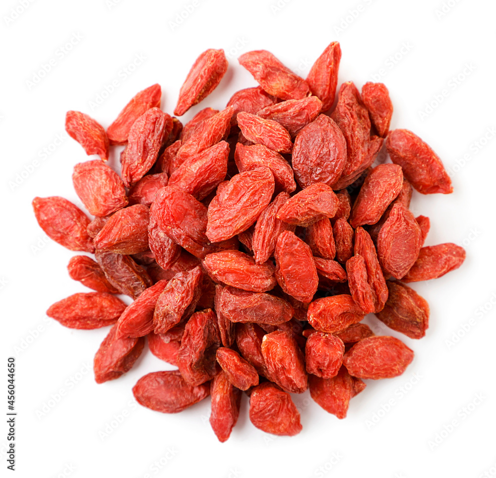 Dry goji berries heap on white background, isolated. Top view Dry goji berries heap on white background, isolated. Top view