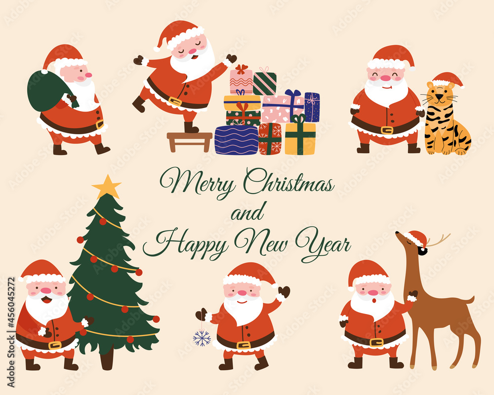 Set of vector cartoon character Santa Claus with gifts, deer, tiger. Christmas card, invitation, banner, tag, poster. Flat illustration