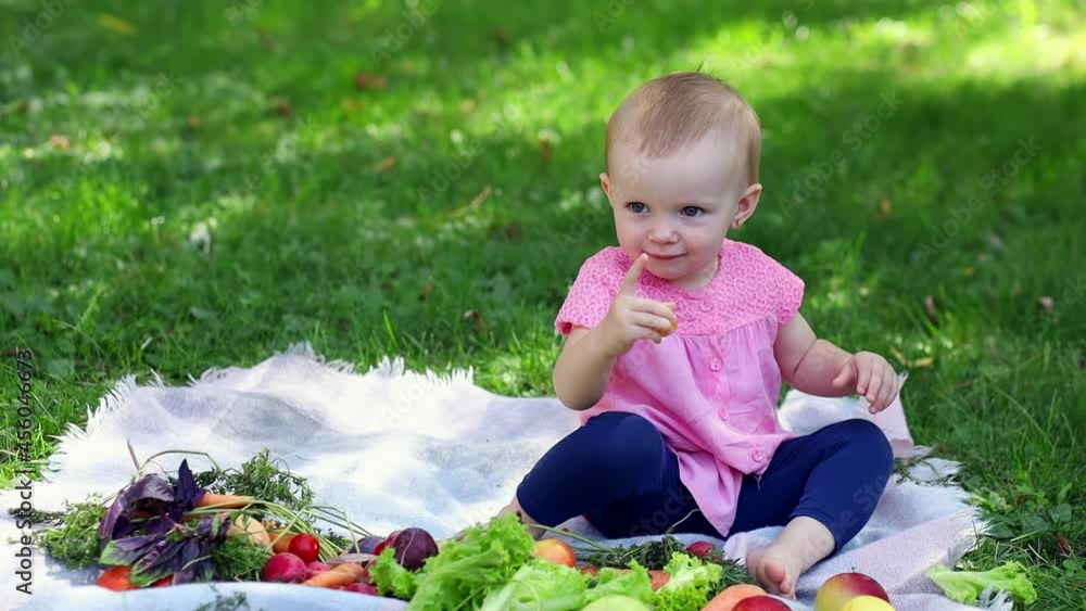 Baby girl with fruits and vegetables on a picnic on the lawn of the city park Baby girl with fruits and vegetables on a picnic on the lawn of the city park