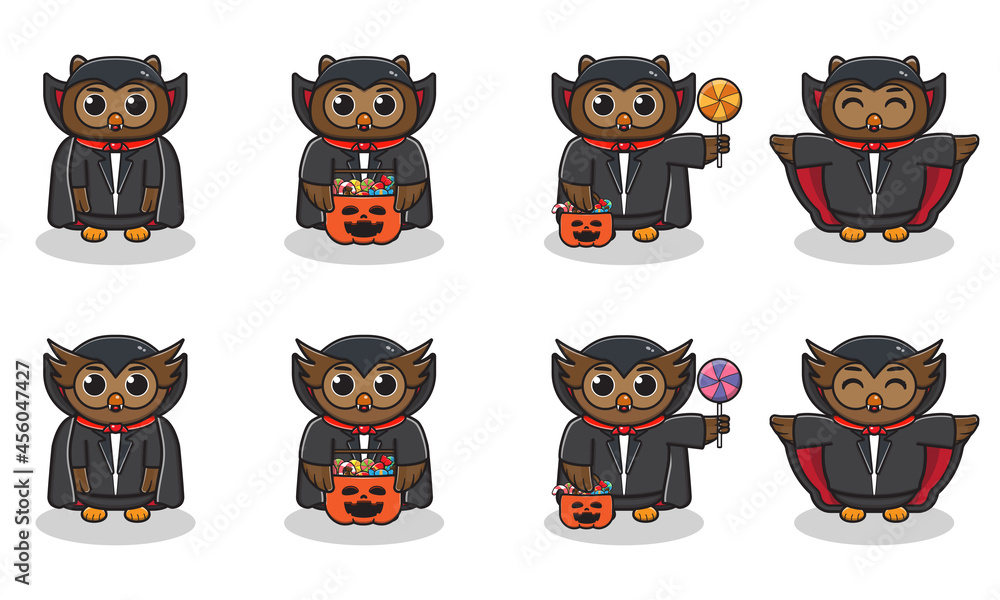 Vector illustration of cute Owl with Dracula costume. Owl character vector design. Good for label, sticker, clipart. Vector illustration of cute Owl with Dracula costume. Owl character vector design. Good for label, sticker, clipart.