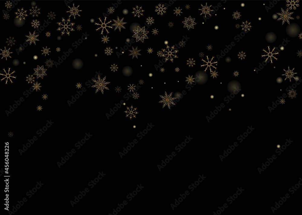 Golden delicate openwork snowflakes scatter on a black background. Festive background, postcard design, wallpaper Golden delicate openwork snowflakes scatter on a black background. Festive background, postcard design, wallpaper