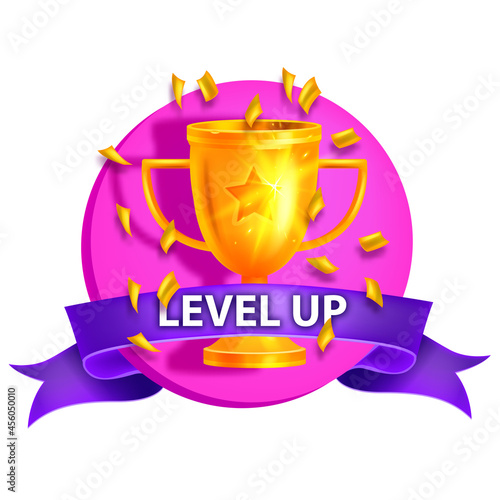 Level up game icon, vector bonus casino reward badge, achievement award sticker, golden trophy cup. Mobile app UI rating gift on white, purple ribbon, user interface point concept. Level up game logo