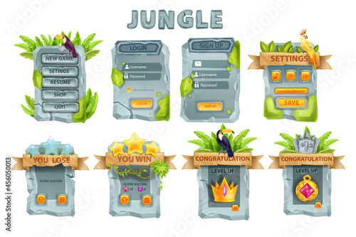 UI stone game design vector set, rock user interface button, jungle menu panel kit, login signboard. Gray boulder background design element, mobile app window board, stars, golden reward. UI game pack