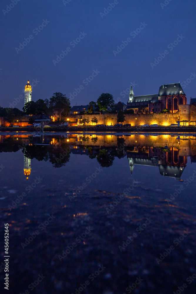 Frankfurt Höchst, beautiful panorama view in a long exposure, rain and clouds at sunset. Historical old town