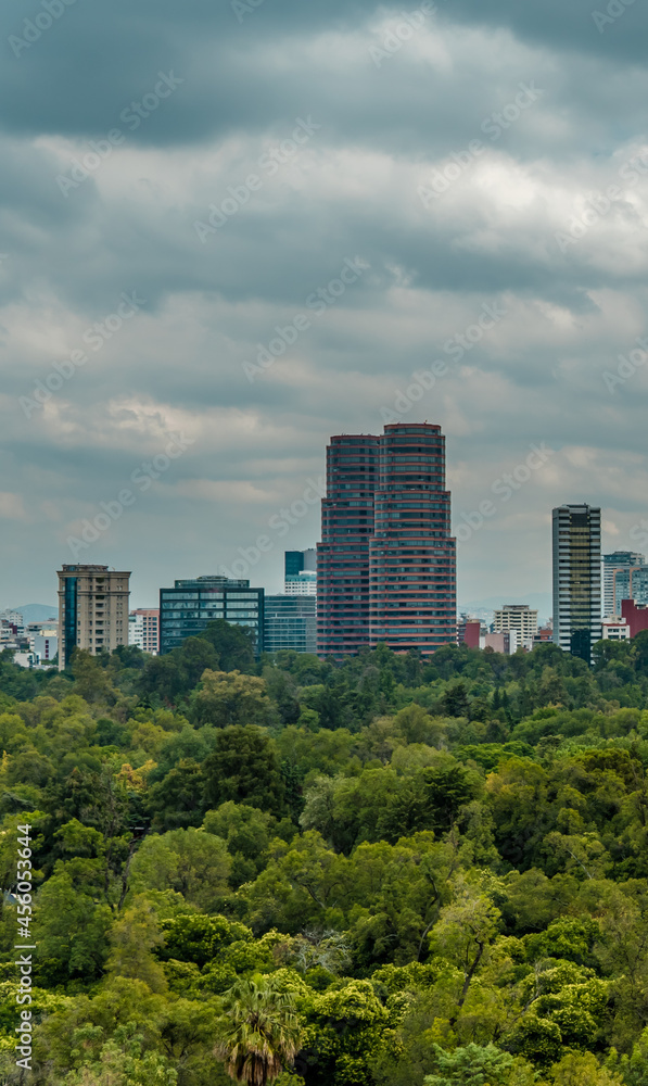 Vertical view of the skyline of downtown Mexico-City (Zona Rosa, Condesa) seen from Chapultepec Castle on a moody day