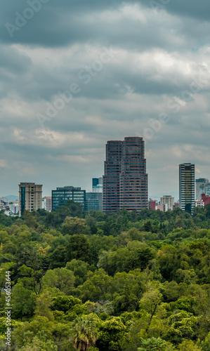 Vertical view of the skyline of downtown Mexico-City (Zona Rosa, Condesa) seen from Chapultepec Castle on a moody day