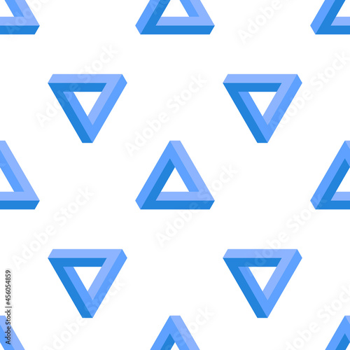 Penrose Triangle seamless background. Abstract texture. Optical illusion triangle sign penrose in blue color.