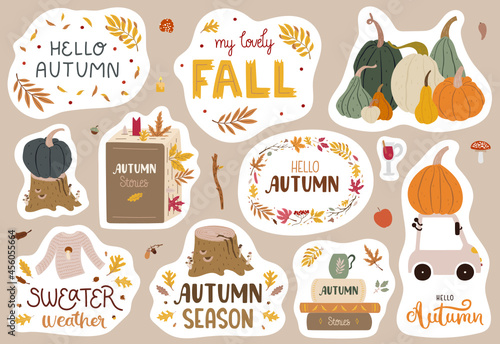 Set of autumn stickers with lettering and illustrations. Cute doodle style. Pretty modern autumn mood drawings. A4 proportions.