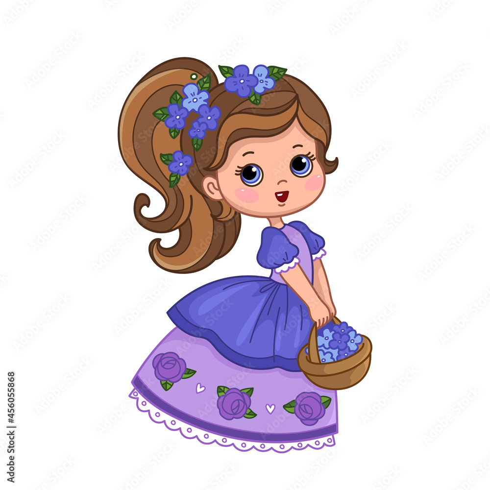 The princess is holding a basket of flowers. Little princess in cartoon  style. Festive purple ball gown, cute baby girl. Stylized vector  illustration with childish character. Vector drawing isolated Stock Vector |