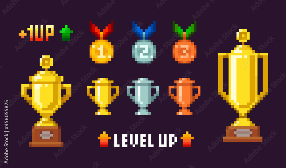 8-bit trophy cups and medals icons with level up text template for retro video game design. Pixel art golden, silver, bronze trophy cup. 1st 2nd 3rd winner place icons 8-bit trophy cups and medals icons with level up text template for retro video game design. Pixel art golden, silver, bronze trophy cup. 1st 2nd 3rd winner place icons