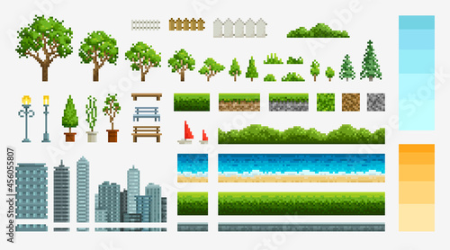 Pixel art urban landscape with park element and city objects for create scene for 8 bit game. Forest trees,  grass and skyscrapers vector set.  Sea coast landscape background creator