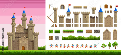 Pixel art castel or fortress design with animation character and park landscape elements. 8 bit Forest trees and grass for game design. Pixel elements for fantasy platformer game