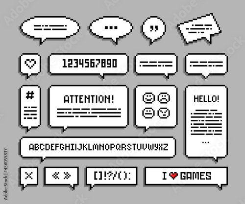 8-bit speech bubble set with text and type font and numbers for retro video game or chat design. Pixel alphabet with symbols and various form comic square text bubbles. Vector template