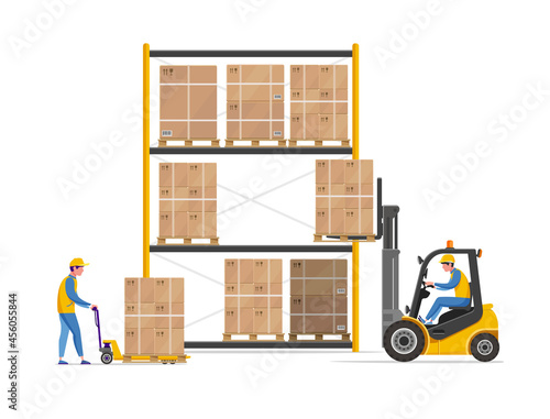 Forklift with pile of goods boxes on pallet loads stillage for storage. Loader operator and warehouse mover. Warehouse equipment.  Flat vector illustration isolated on white