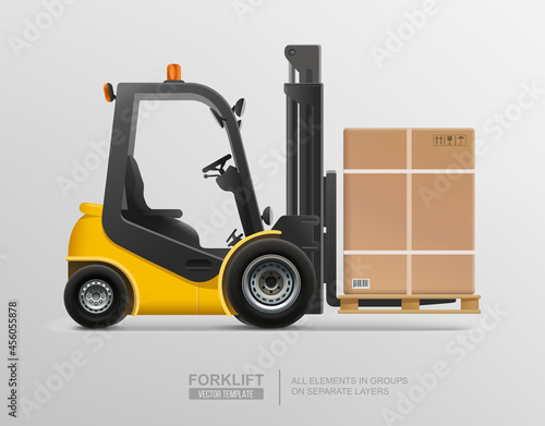 Realistic forklift truck or warehouse loader with goods on pallet vector template. Delivery, logistic industry. Warehouse and storage equipment. Cargo electric forklift