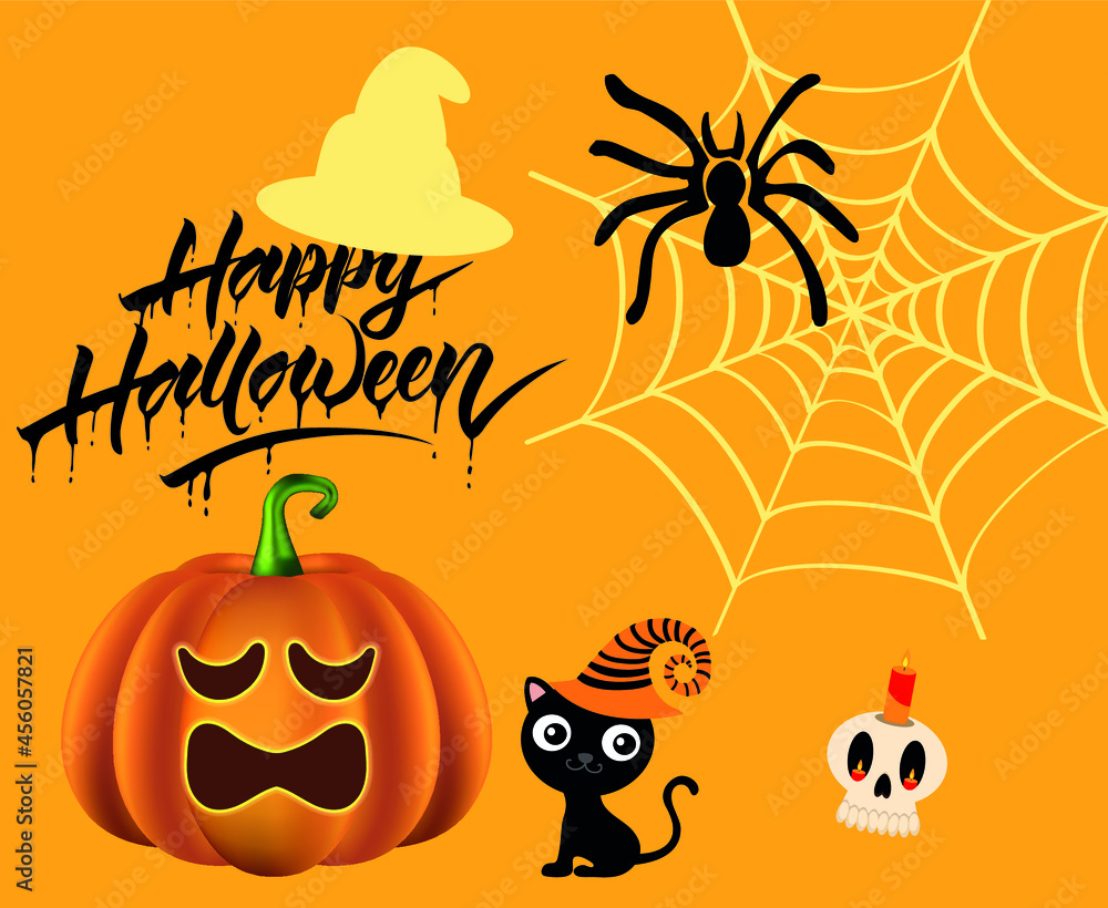 Happy Halloween Holiday Vector Trick Or Treat with Cat and Spider Pumpkin
