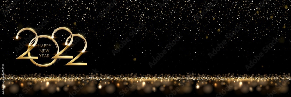 Happy New Year banner vector template. Winter holiday, Christmas congratulations. Festive postcard, luxurious greeting card concept. Gold 2022 number with golden glitter illustration with text space. - obrazy, fototapety, plakaty 