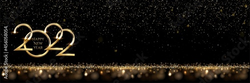 Happy New Year banner vector template. Winter holiday, Christmas congratulations. Festive postcard, luxurious greeting card concept. Gold 2022 number with golden glitter illustration with text space.
