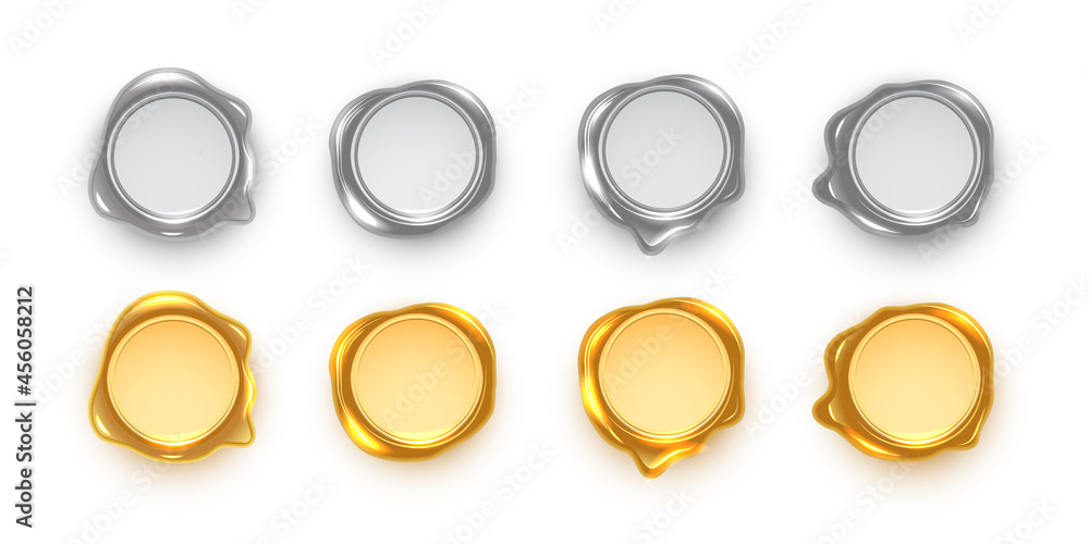 Silver and gold wax seals set isolated on white background. Vintage postage metal stamps. Vector design elements. Silver and gold wax seals set isolated on white background. Vintage postage metal stamps. Vector design elements.