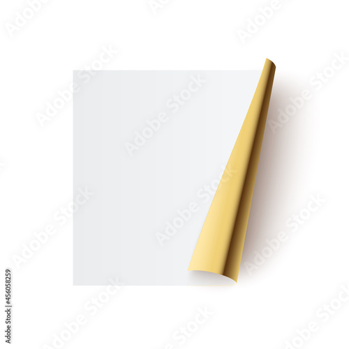 Paper sticker with curl golden corner vector illustration. Sticker blank page leaf with curved rolled glossy gold edge, empty flip document, template design element isolated on white.