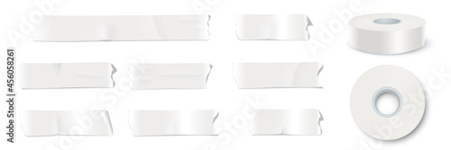 White adhesive tape set. Sticky duct paper strips, cuts, textured and glued, whole rolls vector illustration. Realistic torn and ripped plastic packaging tool on white background